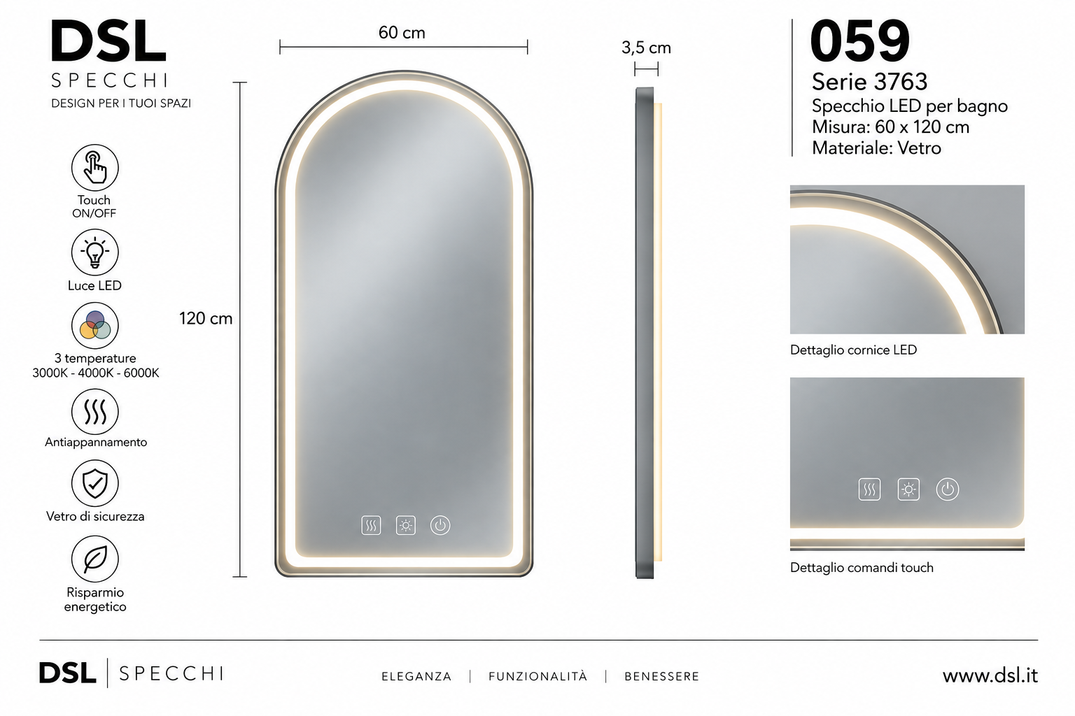 Specchio LED Bagno ad Arco 60x120 cm – Touch, Antiappannamento, 3 Temperature | DSL 059 - immagine 3