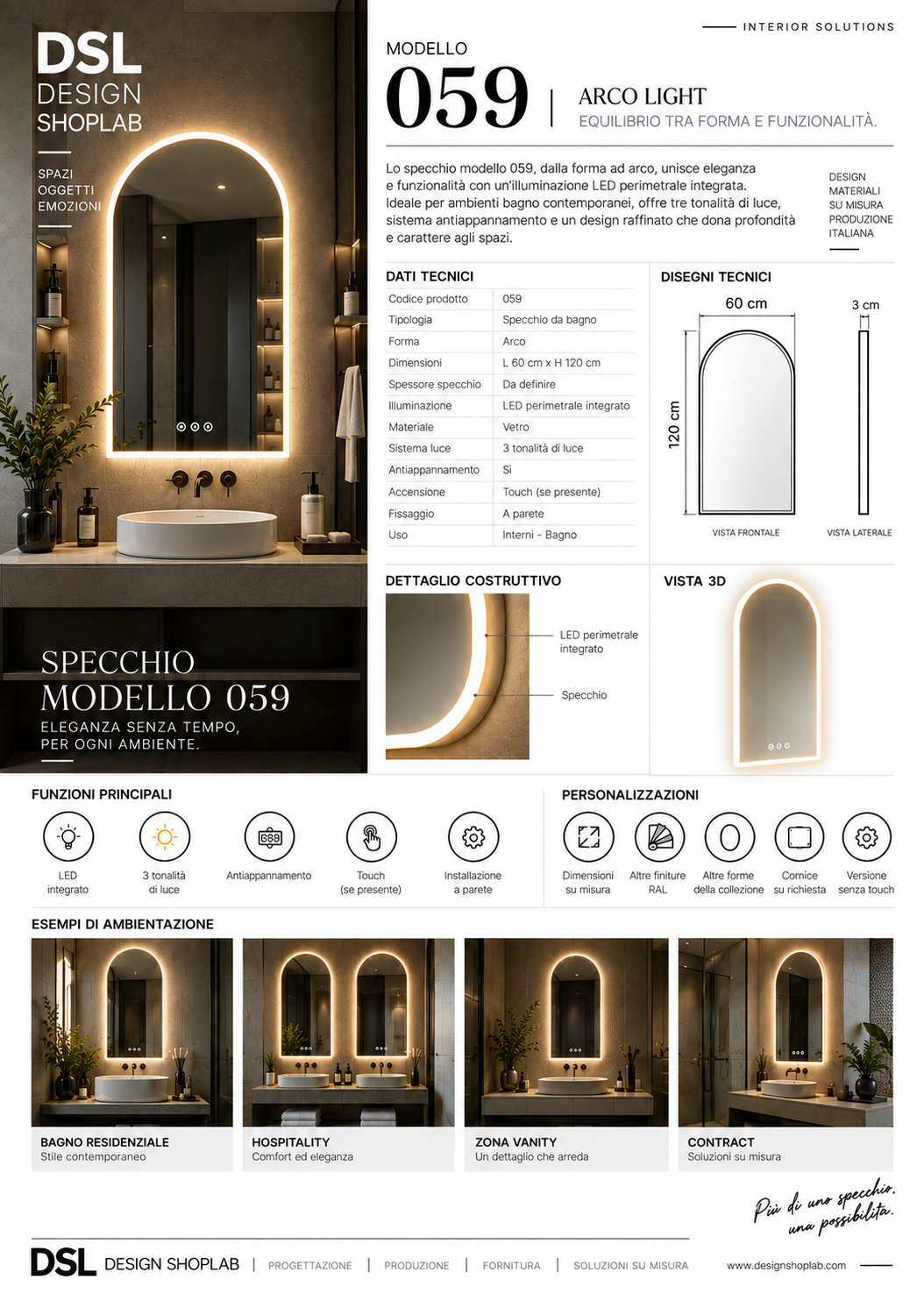 Specchio LED Bagno ad Arco 60x120 cm – Touch, Antiappannamento, 3 Temperature | DSL 059 - immagine 2